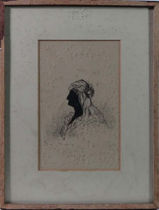 19thC pen ink silhouette Profile of a woman with provenance verso