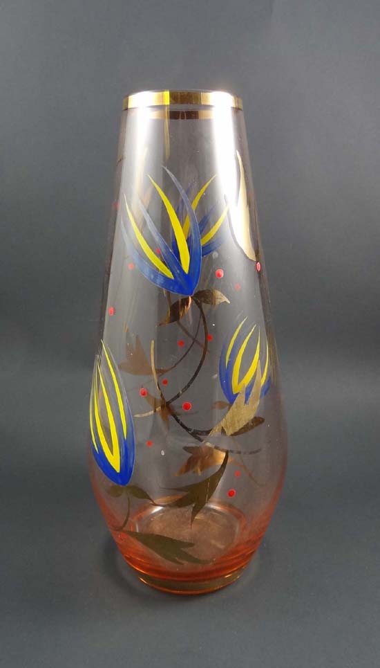 Vintage Retro : a 1950s gilt and enamel decorated glass vase, standing 1 1/4" high.