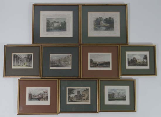 XIX Hand coloured steel engravings 9 x views including ` The Egyptian Hall ` , ` Chirk Castle` , `