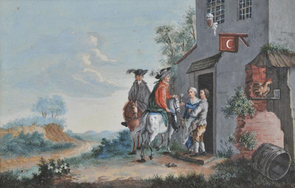 *German School. The Travellers’ Rest, 1796, gouache on laid paper, showing two gentlemen on