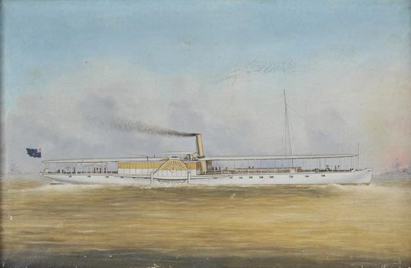 *Colonial School. A gentleman’s paddle-steam pleasure yacht, c.1860s/70s, oil on canvas, showing a