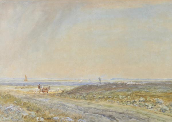 *Hayes (Claude, 1852-1922). Panoramic landscape with fieldworkers, 1895, watercolour, heightened