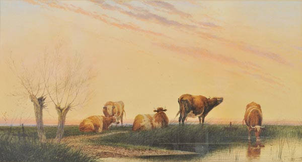 *Valter (Frederick E., 1850-1930). Cows resting at dusk, 1895, watercolour on paper, heightened with