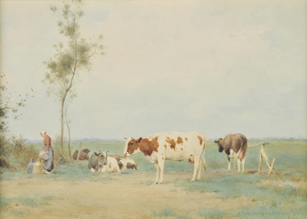 *Groenewegen (Adrianus Johannes, 1874-1963). Cows resting in a landscape with milkmaid, watercolour,