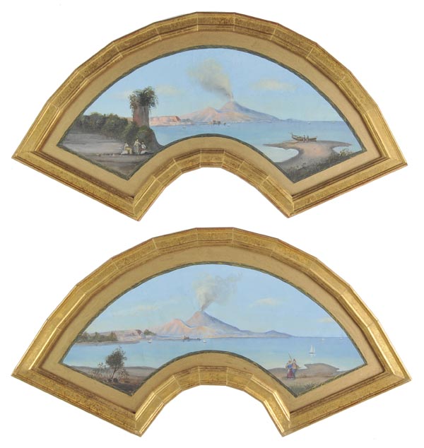 *Naples. A pair of fan-shaped paintings of Vesuvius and the Bay of Naples, mid. 19th c., gouache