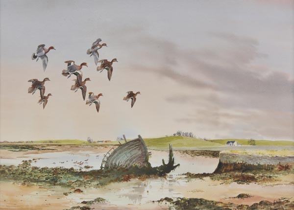 *Milliken (Robert W., 1920-). A Flight of Wigeon, large watercolour, signed by artist to lower