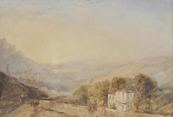 *Pyne (James Baker, 1800-1870). Italianate hillside landscape at sunset, with pack horses and