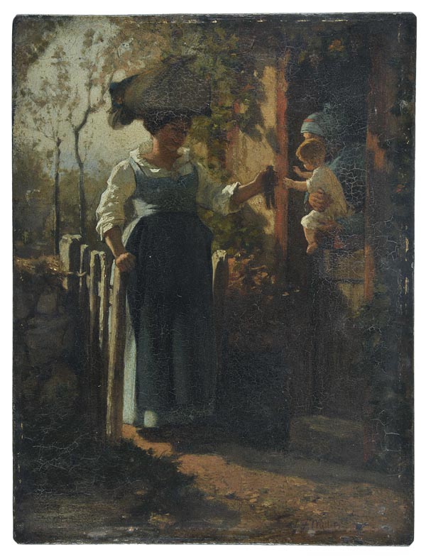 *Barbizon School. Le Jouet, circa 1840-50, oil on copper, showing a sunlit cottage door scene,