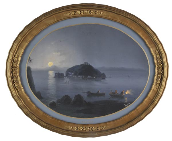 *Meuris (B., 19th c.). “Nisida”, oval gouache, showing a moonlit view of the Isle of Nisida in the