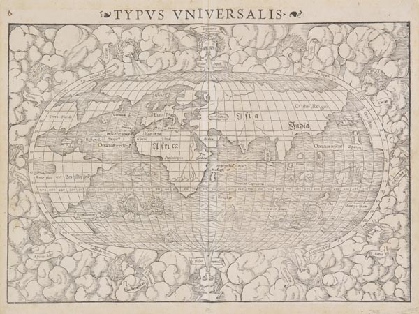 World. Munster (Sebastian), Typus Universalis, pub. Basle, c.1554, uncoloured wood cut map of the