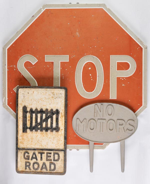 Gated Road; A pre-war cast iron road-sign, c. 1930s, raised relief black lettering & imagery on