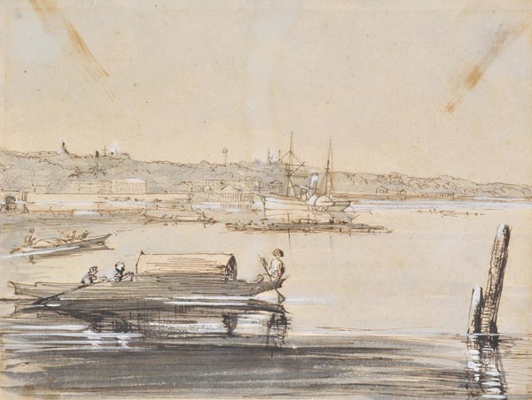 * Circle of George Chinnery (1774-1852). View of the Harbour at Macau, pen, brown ink and wash,