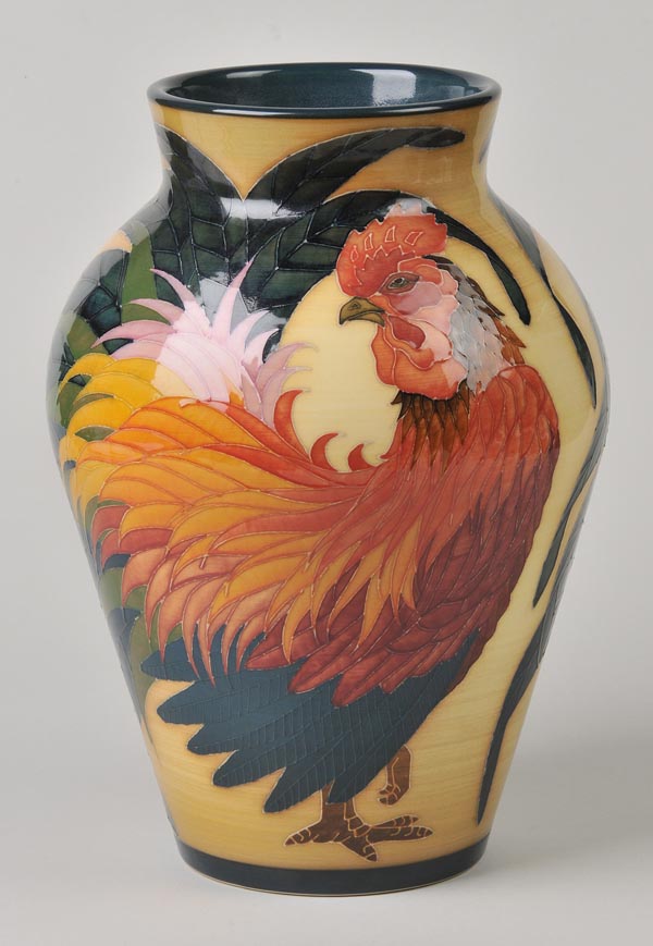 * A Dennis Chinaworks cockerel vase, by Sally Tuffin, 2003, flamboyant incised cockerel design in