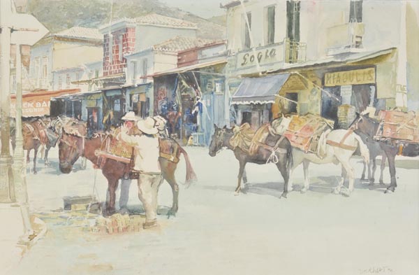 * Hart (Richard, 20th century). Mules in a market place, Corfu, watercolour, of a market-place