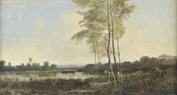 * Barbizon School. Landscape with figure resting against poplar trees by a lake, oil on canvas,