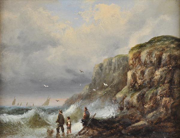 * Attributed to William Adolphus Knell (1805-1875). Figures on a rocky coastline, oil on board, 15 x
