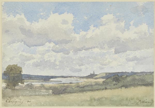 * Harpignies (Henri Joseph, 1819-1916). River Landscape at Briare, with distant church, 1884,