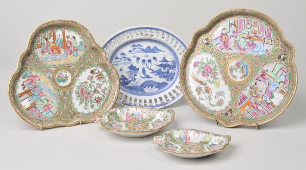 * A 19th century Chinese porcelain tray in the famille-rose palette, painted with three panels of