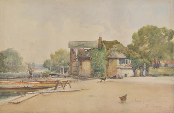 * East (Alfred, 1849-1913). “Landing Stage, Pangbourne”, 1885, watercolour on card, showing a