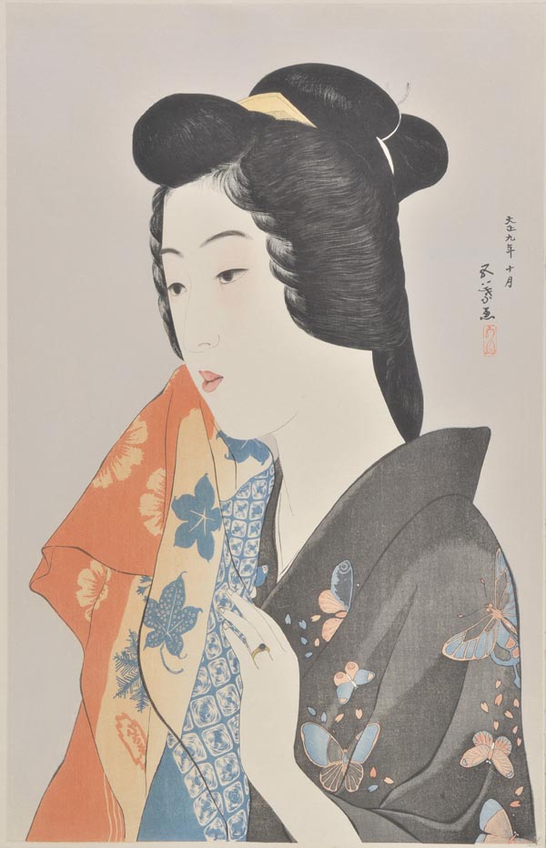 * Goyo (Hashiguchi, 1880-1921). Geisha Hisae with a Towel, 1920, dai oban tate-e colour woodblock