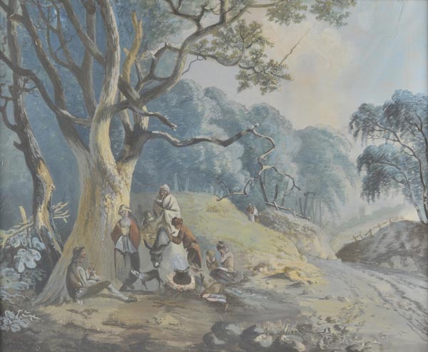 * English school. A wooded gypsy encampment, c.1800, gouache on paper, of a group of gypsies with