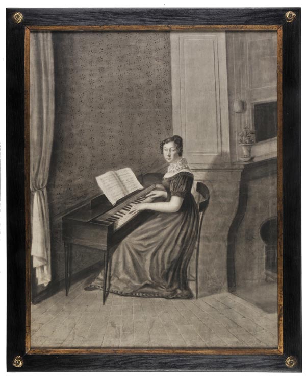* Naive School. Large portrait of a young lady playing a square piano, c.1810, charcoal on paper, of