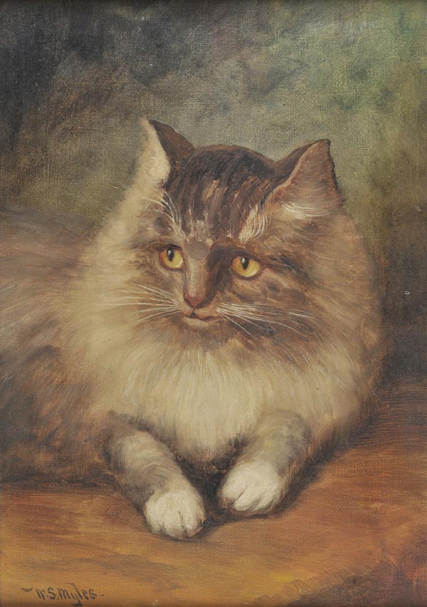 * Myles (William Scott, fl. 1850-1911). Long-haired tabby cat resting, oil on canvas, signed lower