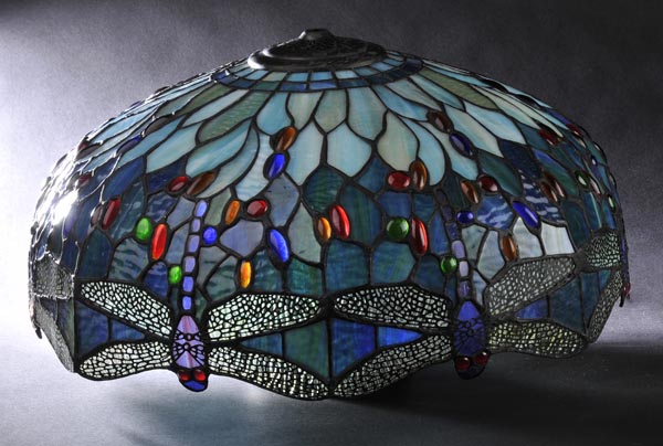 * A modern Tiffany style glass lampshade, typically decorated with dragonflies and coloured