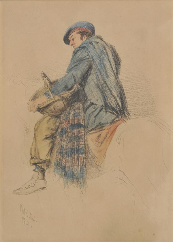 * Richardson (Thomas Miles, 1813-1890). Mounted Highlander, pencil and watercolour sketch on toned