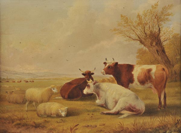 * Davis (J., early 19th century). A landscape with sheep and cattle, oil on board, signed lower