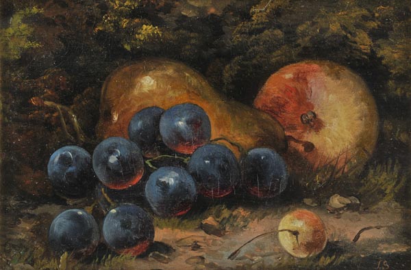 * English School. Still life studies of fruit, mid 19th c., a pair of oils on board, one depicting