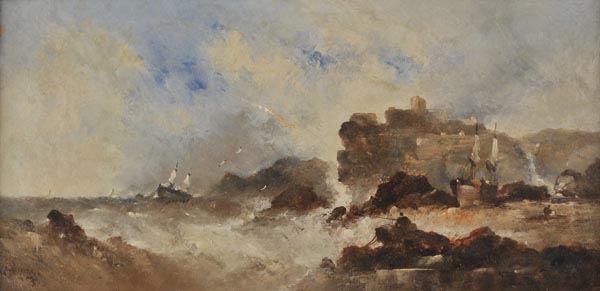 * McAlpine (William, 19th-century). Coastal scene with ship in stormy seas, and another beached, and