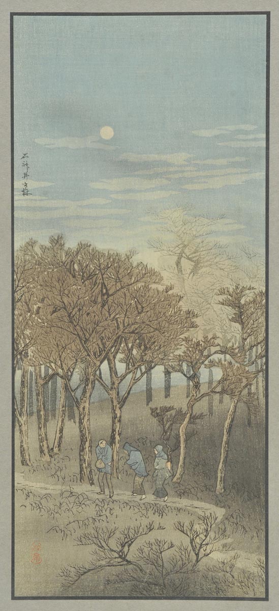 * Shotei (Takahashi, 1871-1945). Three Figures on a Moonlit path, colour woodblock print, 37.3 x
