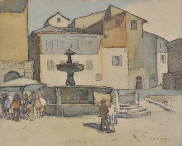 * Crozier (William, 1897-1930). Mediterranean village scene, black crayon and watercolour, showing