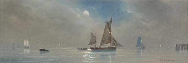 * Morris (Garman, fl.1900-1930). Sailing vessels on a misty night, watercolour, signed and titled in