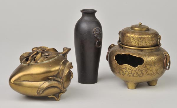 * A Chinese brass peach form censer, with pierced cover, 11cm high, together with a bronze