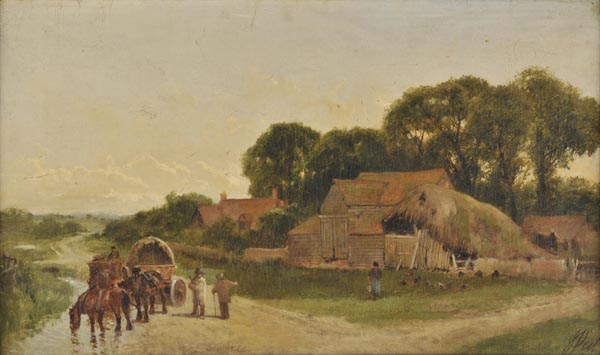 * Peel (James, 1811-1906). Wayfarers with Waggon and Horses at rest by farm buildings, oil on