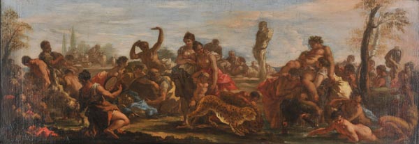 * Follower of Giulio Carpioni (1611/13-1678). Bacchanal, oil on canvas, relined, 39.5 x 109.5cm (