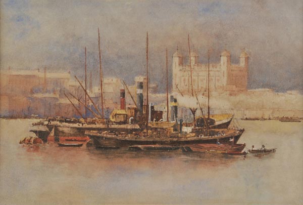 * Attributed to Hubert James Medlycott, 1841-1920. Thames Shipping with the Tower of London, fine