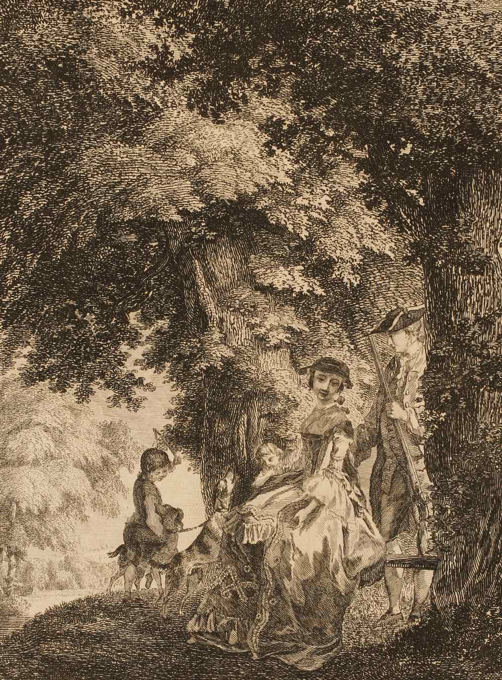 PAUL SANDBY (1725-1809) Family group beside a tree with dogs, etching, 8" x 6" (plate) and a similar