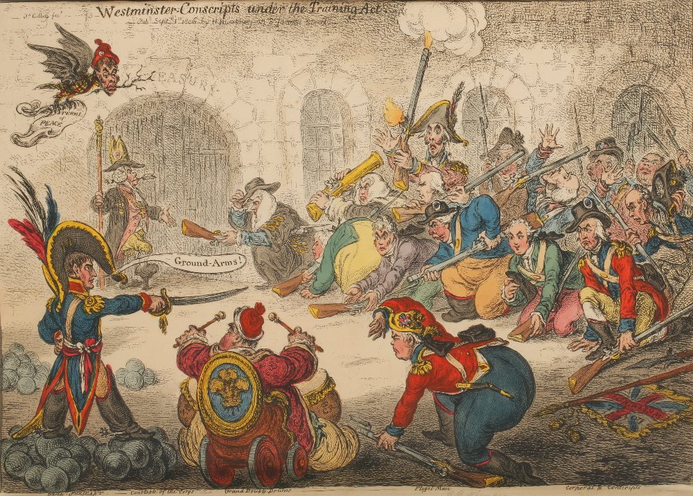 JAMES GILLRAY (1757-1815) "Westminster Conscripts under the Training Act", printed signature,