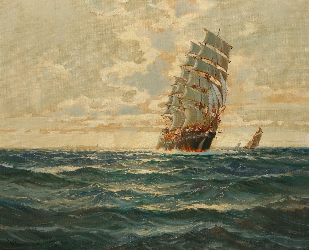 WILLIAM KNOX (1862-1925) A clipper under full sail with land in the distance, signed lower left