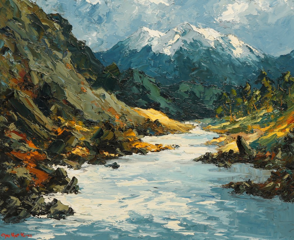 CHARLES WYATT WARREN (1908-1983) A Snowdonia mountain scene with a river in the foreground, signed