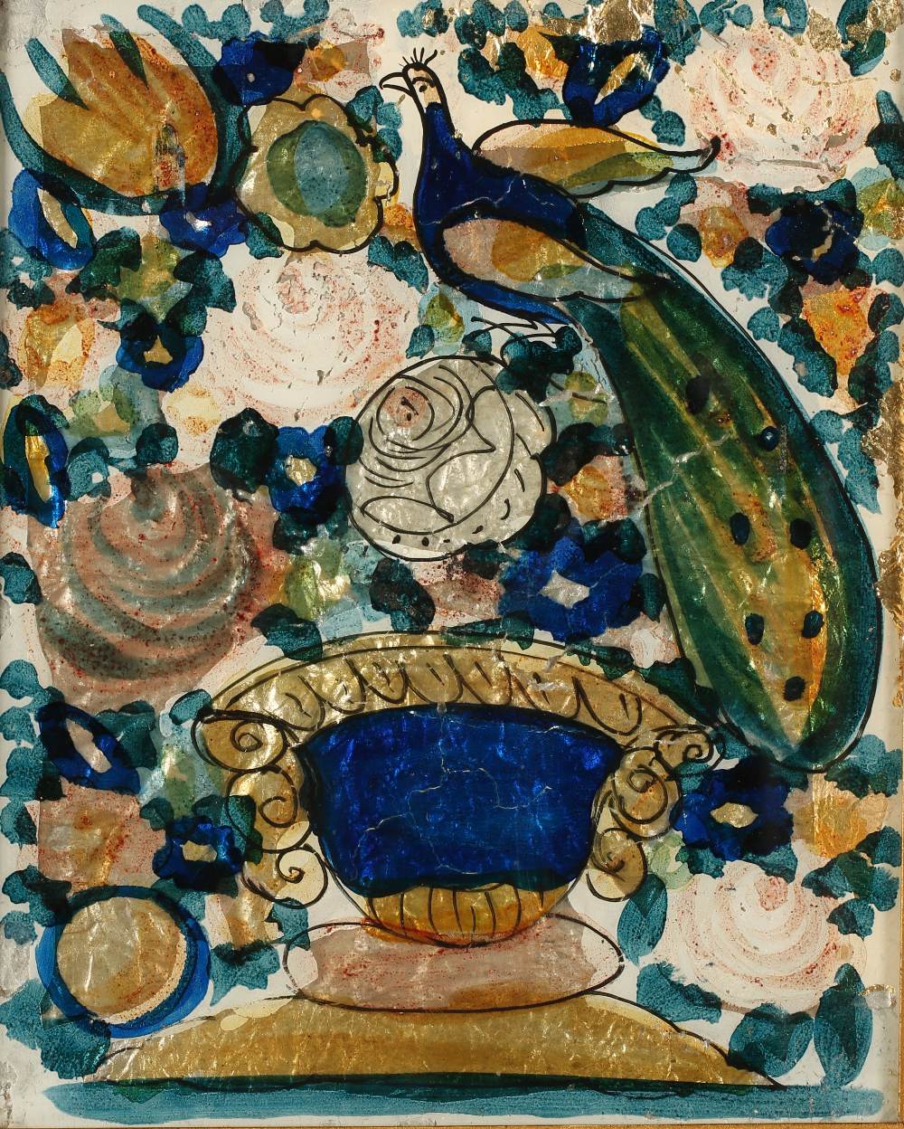 Manner of Dora Carrington (1893-1932) A peacock seated among flowers on an urn vase, foil and