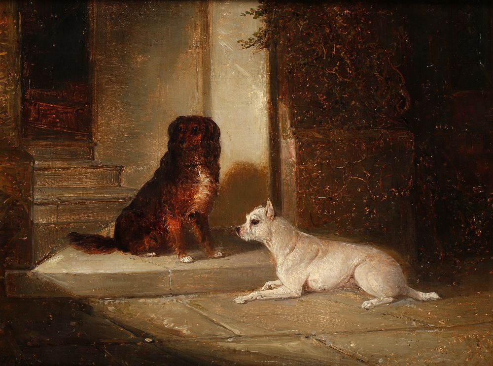 ENGLISH SCHOOL, 19th century A spaniel and a terrier in a doorway, signed indistinctly lower left,