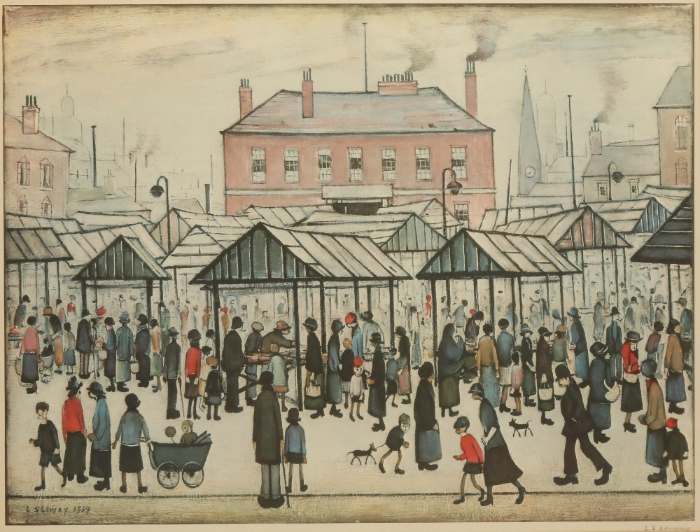 LAURENCE STEPHEN LOWRY (1887-1976) "Market Scene", signed in pencil to the margin and with further