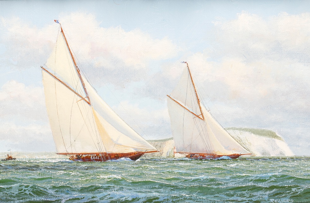 STEPHEN RENNARD (b.1947) Britannia and her rival off The Needles, signed lower right, oil on