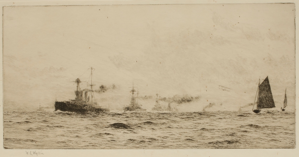 WILLIAM LIONEL WYLLIE (1851-1931) Battleships at sea with an aircraft in the sky, signed in pencil