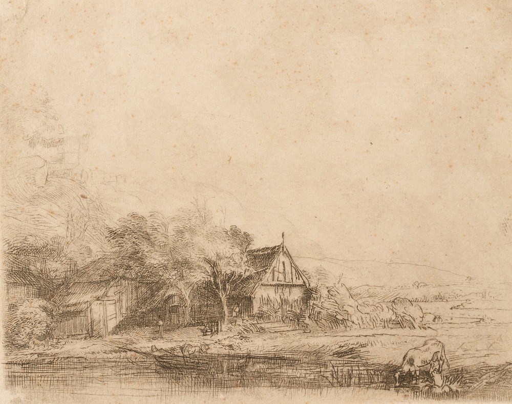 REMBRANDT VAN RIJN (1606-1669) Landscape with a cow watering beside a barn, H.240, B.257, M.164,