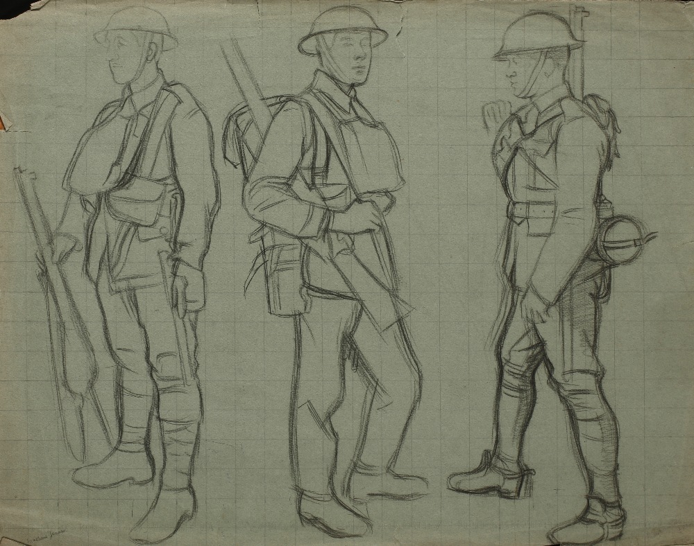 SIR WILLIAM ROTHENSTEIN (1872-1945) A gunner from three views, chalks, 19" x 24". See